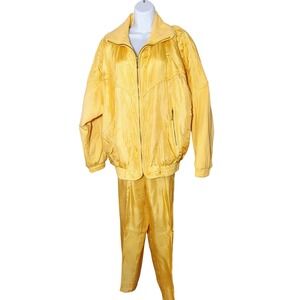 Vintage Silk Tracksuit Set Jacket Pants Yellow Quilted XL fuda hip hop classic